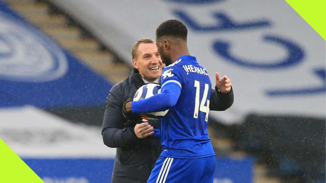 Kelechi Iheanacho and manager Brendan Rodgers after the striker scored a hat trick for Leicester City.