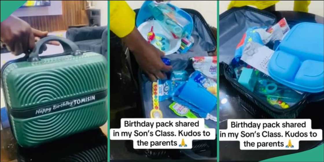 Nigerian woman displays birthday box shared in son's class