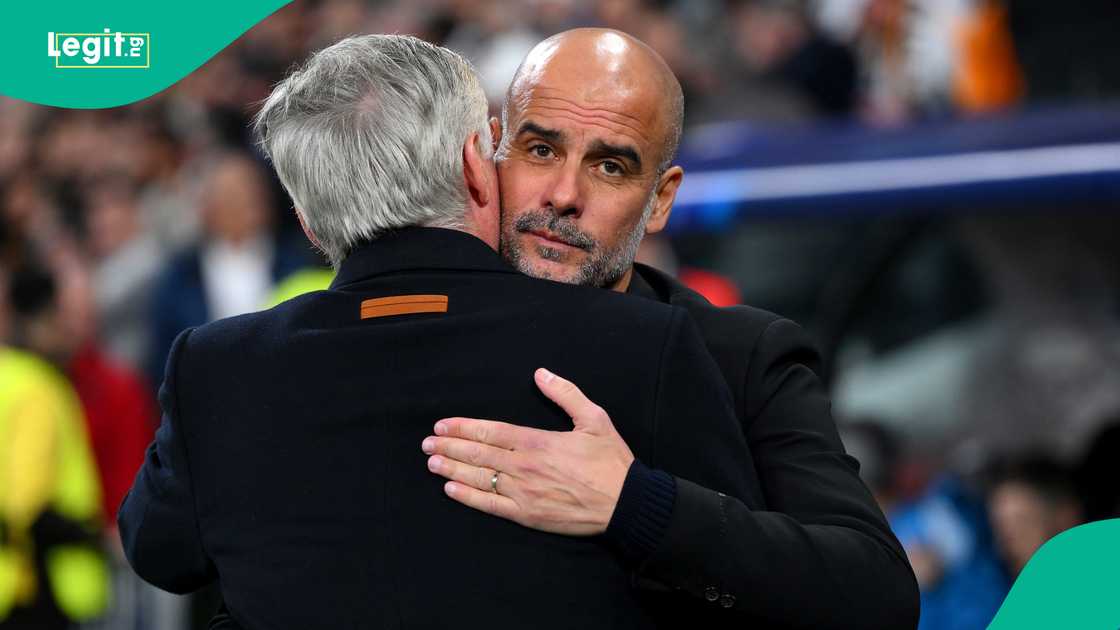 Pep Guardiola and Carlo Ancelotti after the UEFA Champions League match between Manchester City and Real Madrid.