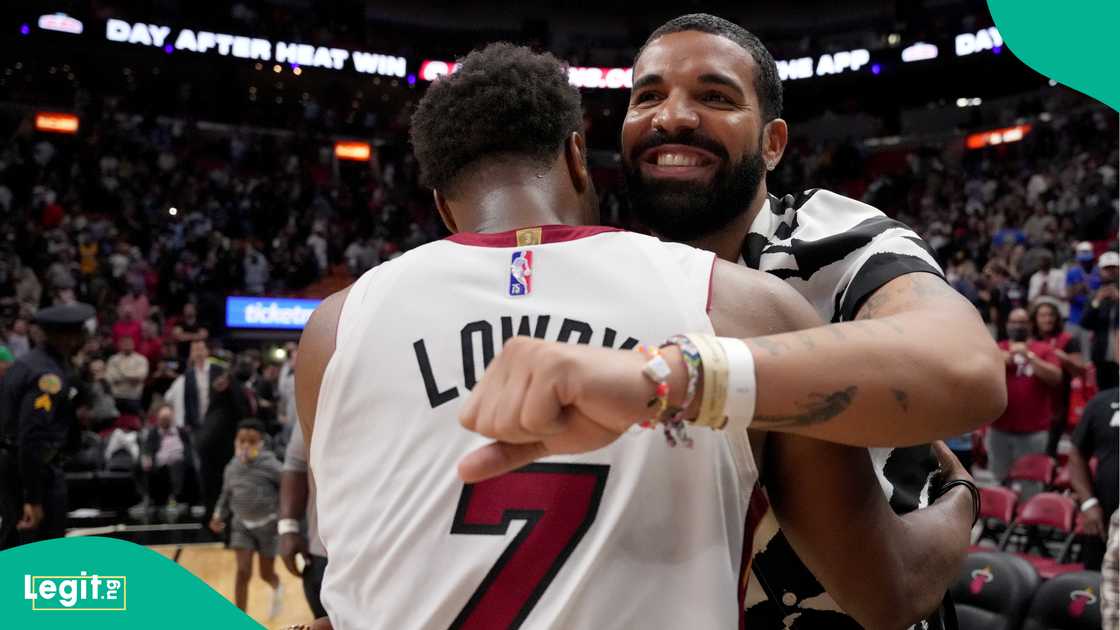 Drake celebrates with Kyle Lowry of Miami Heat after they defeated the Atlanta Hawks in the NBA. Photo by Mark Brown Drake celebrates with Kyle Lowry of Miami Heat after they defeated the Atlanta Hawks in the NBA. Photo by Mark Brown