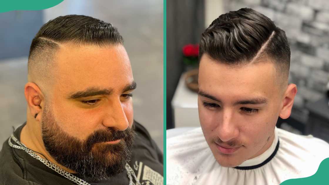 Combover hard part haircut (L). High razor skin fade, with a hard part and wavy top (R). Combover hard part haircut (L). High razor skin fade, with a hard part and wavy top (R).