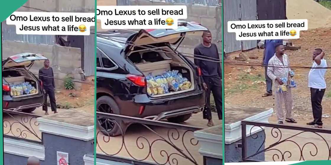Man selling bread with a Lexus car.