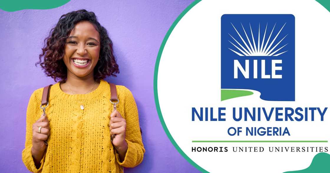 A student in a yellow sweater is pictured standing against a purple background (L). The Nile University of Nigeria logo (R).