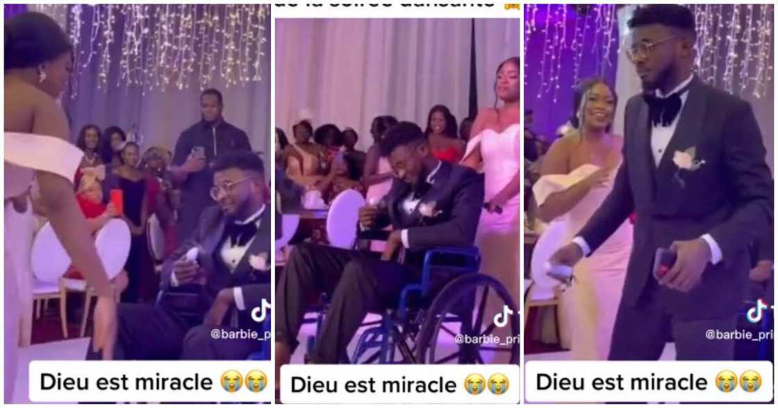 Man in wheelchair, wedding, gets up, bride Man in wheelchair, wedding, gets up, bride