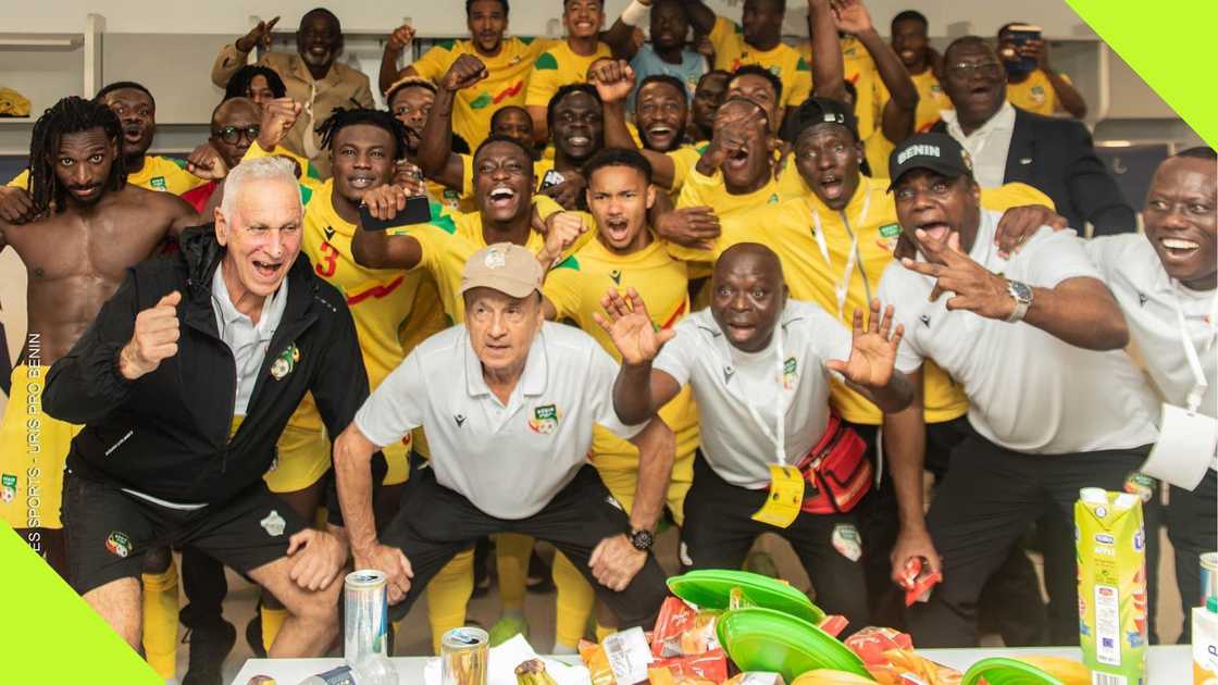 Benin Republic players, Gernot Rohr, Mohammed Tijani, Junior Olaitan, Aiyegun Tosin, Tripoli International Stadium, Libya. Benin Republic players, Gernot Rohr, Mohammed Tijani, Junior Olaitan, Aiyegun Tosin, Tripoli International Stadium, Libya.