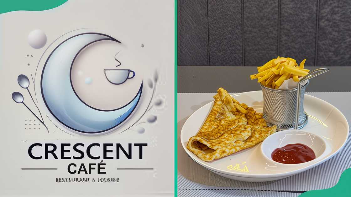 The Crescent Cafe logo and a plate of fries, eggs and sauce