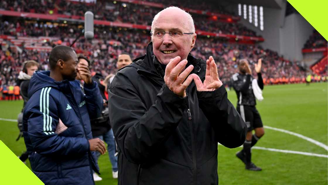 Sven-Goran Eriksson showing his appreciation to the fans at the end of the LFC Foundation charity match Sven-Goran Eriksson showing his appreciation to the fans at the end of the LFC Foundation charity match