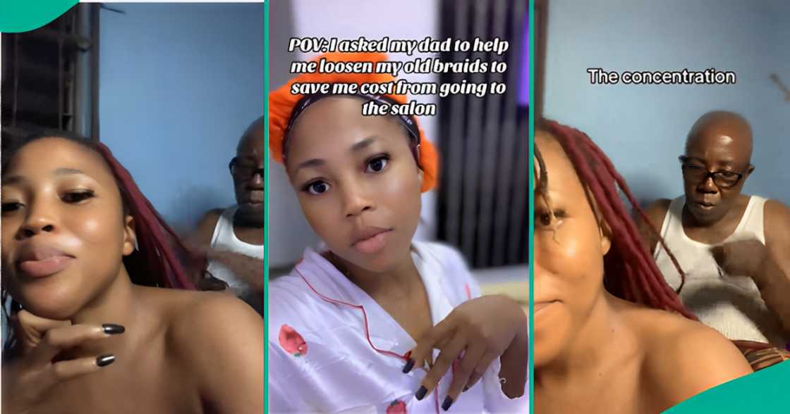 Lady asks her father to help her loosen her hair Lady asks her father to help her loosen her hair