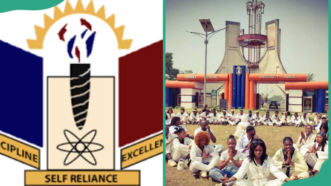 Nnamdi Azikiwe University official logo and students seated in a circle on school grounds Nnamdi Azikiwe University official logo and students seated in a circle on school grounds