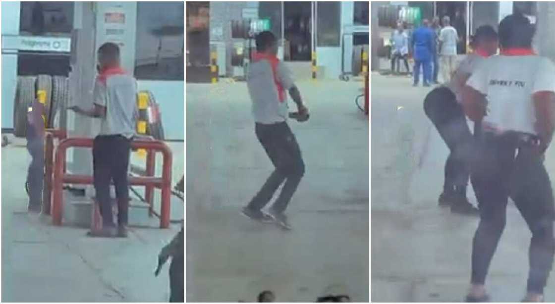Nigerian filling station attendants were seen dancing at work with so much happiness and vigour. Nigerian filling station attendants were seen dancing at work with so much happiness and vigour.