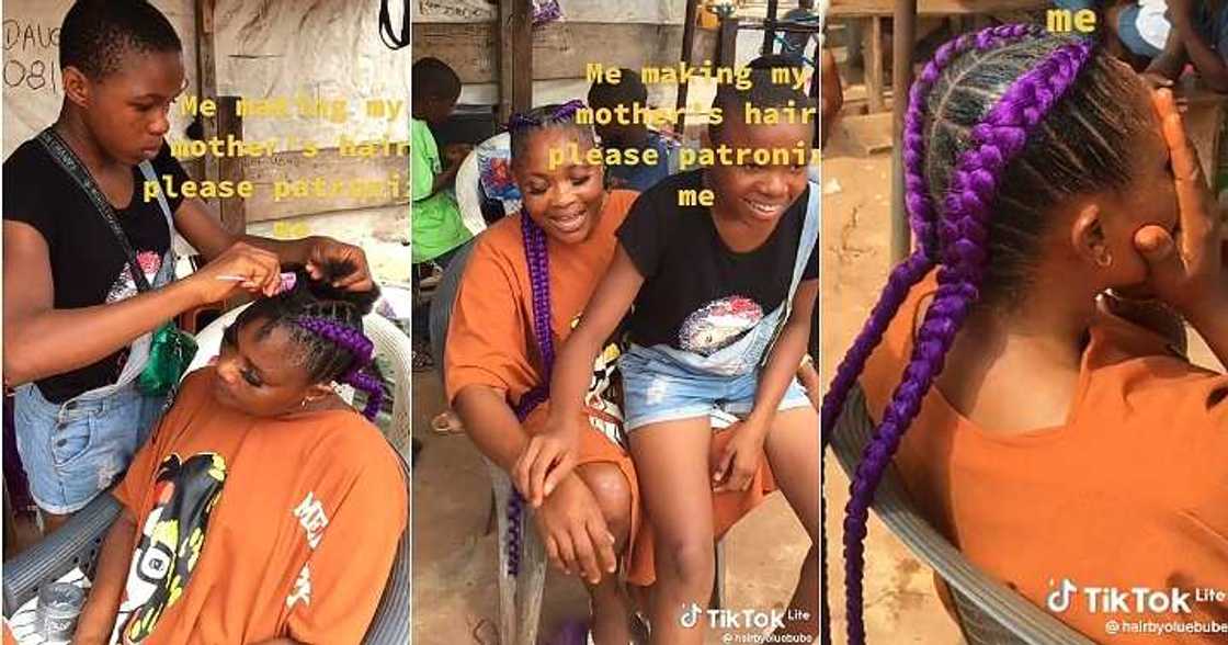 Little girl braids mother's hair Little girl braids mother's hair