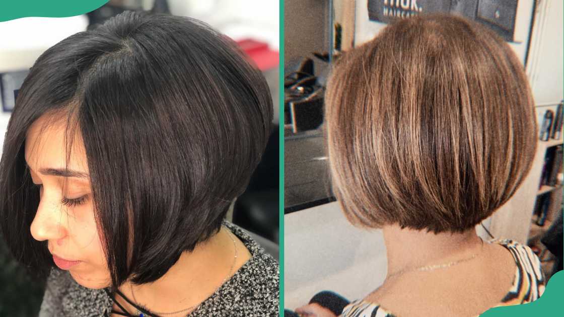 Two women display their posh cut hairstyle Two women display their posh cut hairstyle