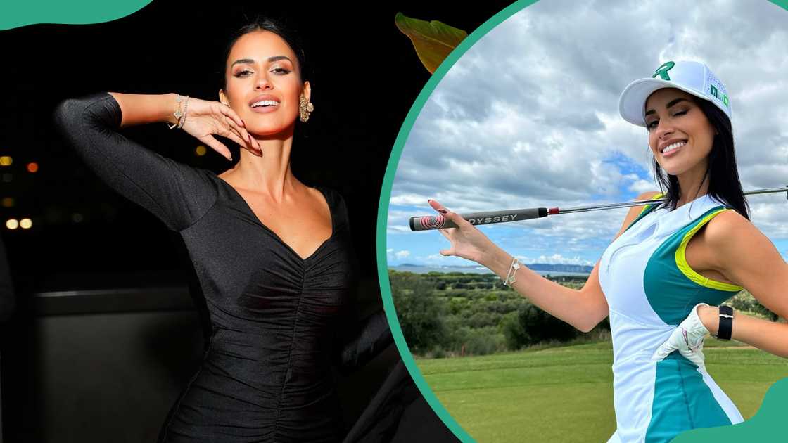 Eleonora Incardona dressed in a black outfit (L). Incardona holding a golf club over her shoulder in a white and green athletic outfit (R) Eleonora Incardona dressed in a black outfit (L). Incardona holding a golf club over her shoulder in a white and green athletic outfit (R)