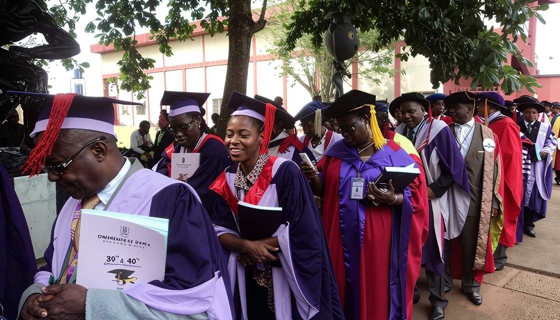 University of Benin candidates wearing academic regalia, including gowns, caps, and hoods in a procession