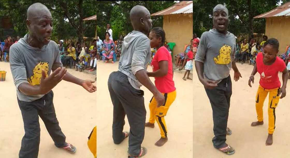 Photos of an elderly man dancing for a young lady.