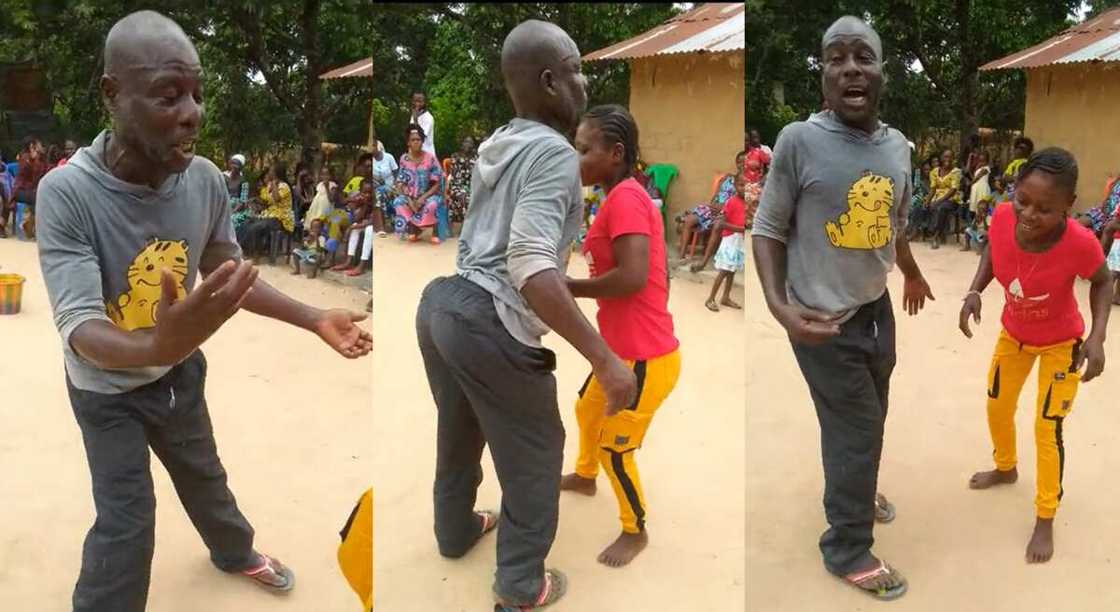 Photos of an elderly man dancing for a young lady. Photos of an elderly man dancing for a young lady.
