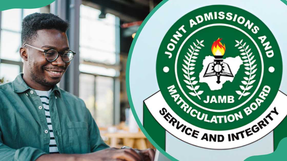 A student using a laptop (L). The JAMB official logo (R)