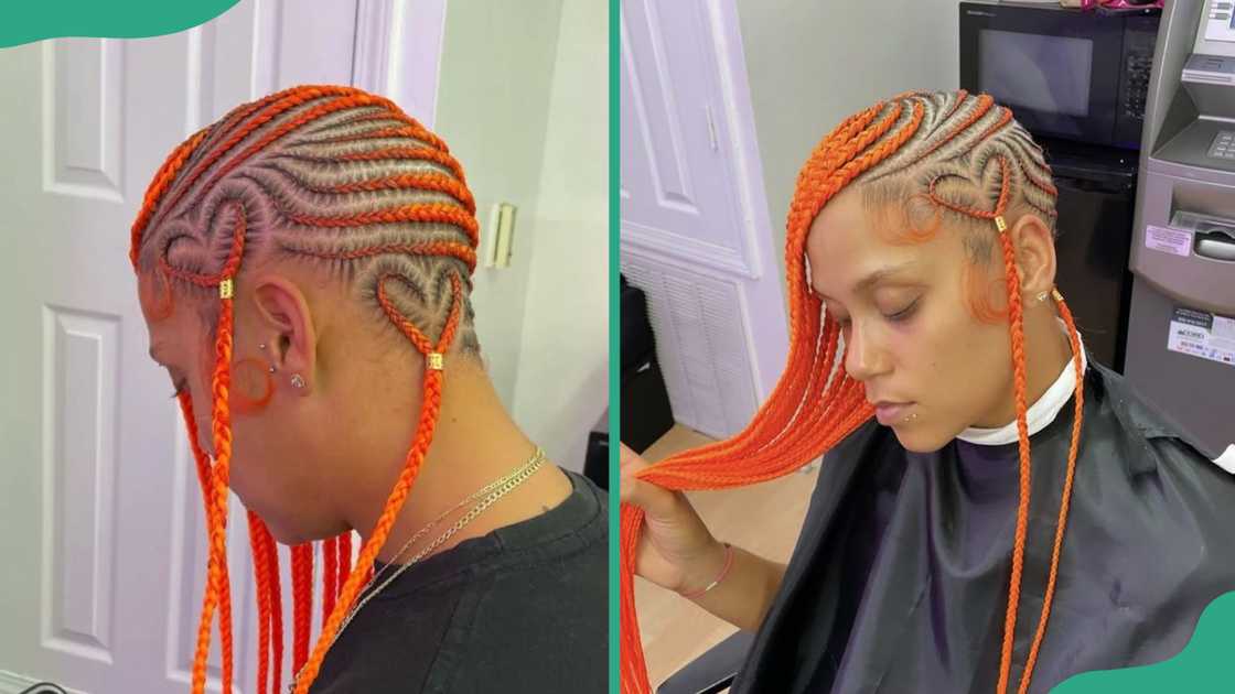 A lady wearing bright orange lemonade braids with two hearts