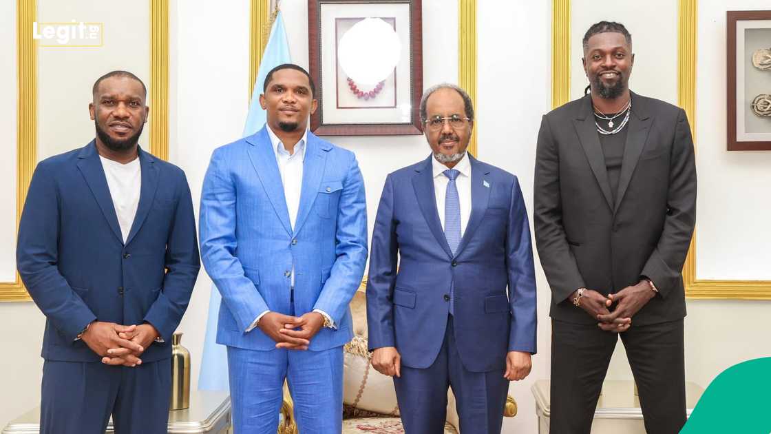 Hassan Sheikh Mohamud, Somalia, Samuel Eto'o, Emmanuel Adebayor, Austin Jay Jay Okocha. Hassan Sheikh Mohamud, Somalia, Samuel Eto'o, Emmanuel Adebayor, Austin Jay Jay Okocha.