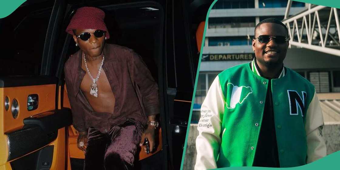 DJ Tunez reacts as Wizkid rolls his eyes while he makes a video DJ Tunez reacts as Wizkid rolls his eyes while he makes a video