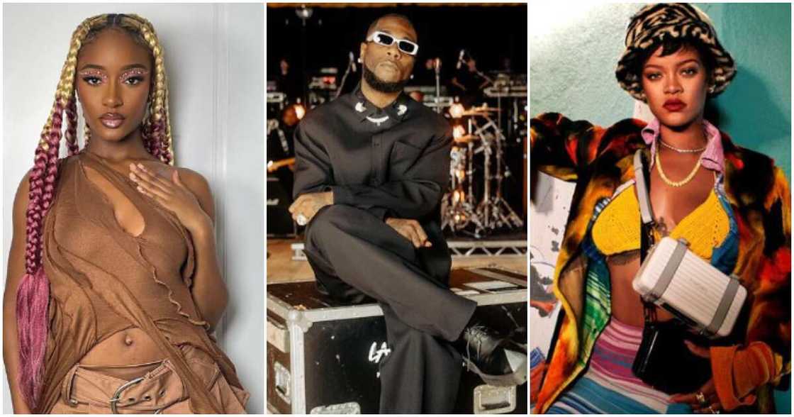 Singers Ayra Starr, Burna Boy and Rihanna Singers Ayra Starr, Burna Boy and Rihanna