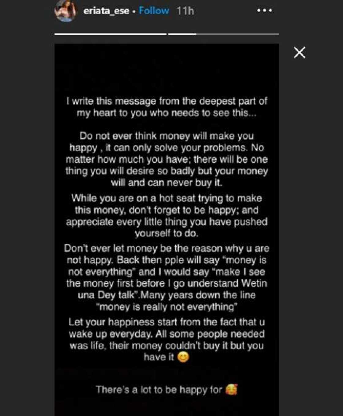 Don’t ever let money be the reason why you are not happy, Eriata Ese writes Don’t ever let money be the reason why you are not happy, Eriata Ese writes