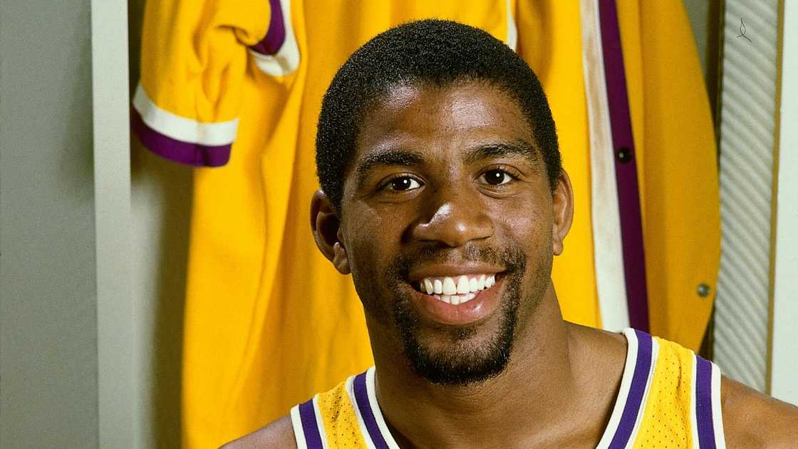 Magic Johnson of the Los Angeles Lakers poses for a portrait Magic Johnson of the Los Angeles Lakers poses for a portrait