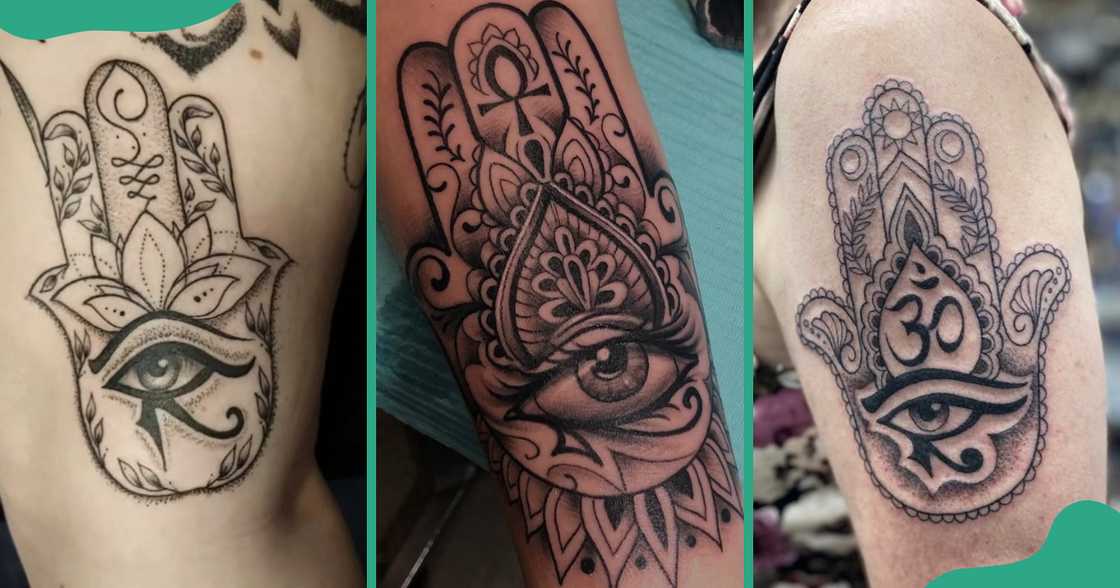 Eye of Horus with the Hand of Fatima tattoos on the knee and the arms. Eye of Horus with the Hand of Fatima tattoos on the knee and the arms.