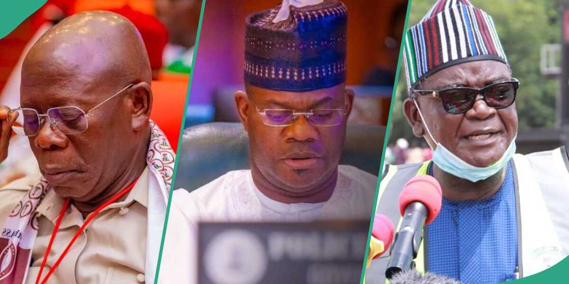 Adams Oshiomhole, ex-APC national chairman, and Samuel Ortom, the immediate past governor of Benue state, condemn Yahaya Bello for evading EFCC's arrest. Adams Oshiomhole, ex-APC national chairman, and Samuel Ortom, the immediate past governor of Benue state, condemn Yahaya Bello for evading EFCC's arrest.