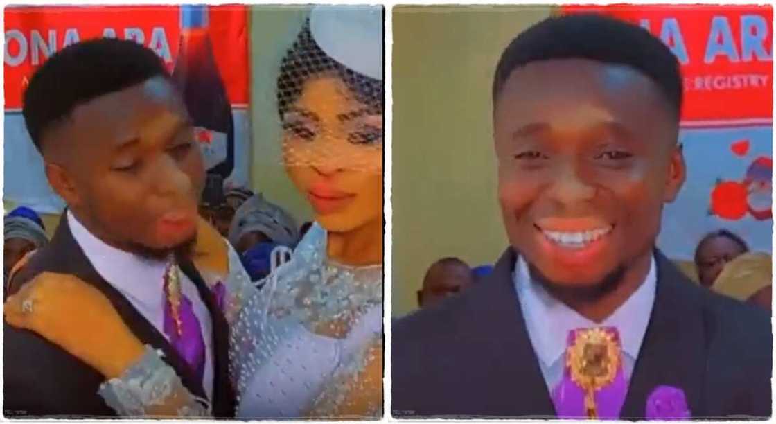 Photos of a groom after kissing his wife at their wedding. Photos of a groom after kissing his wife at their wedding.