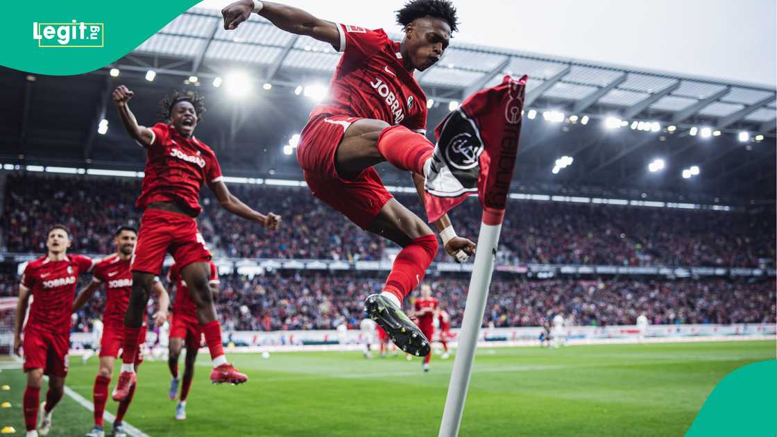 Junior Adamu, SC Freiburg, Bayer Leverkusen, Europa Park Stadium, Germany, Bundesliga. Junior Adamu, SC Freiburg, Bayer Leverkusen, Europa Park Stadium, Germany, Bundesliga.