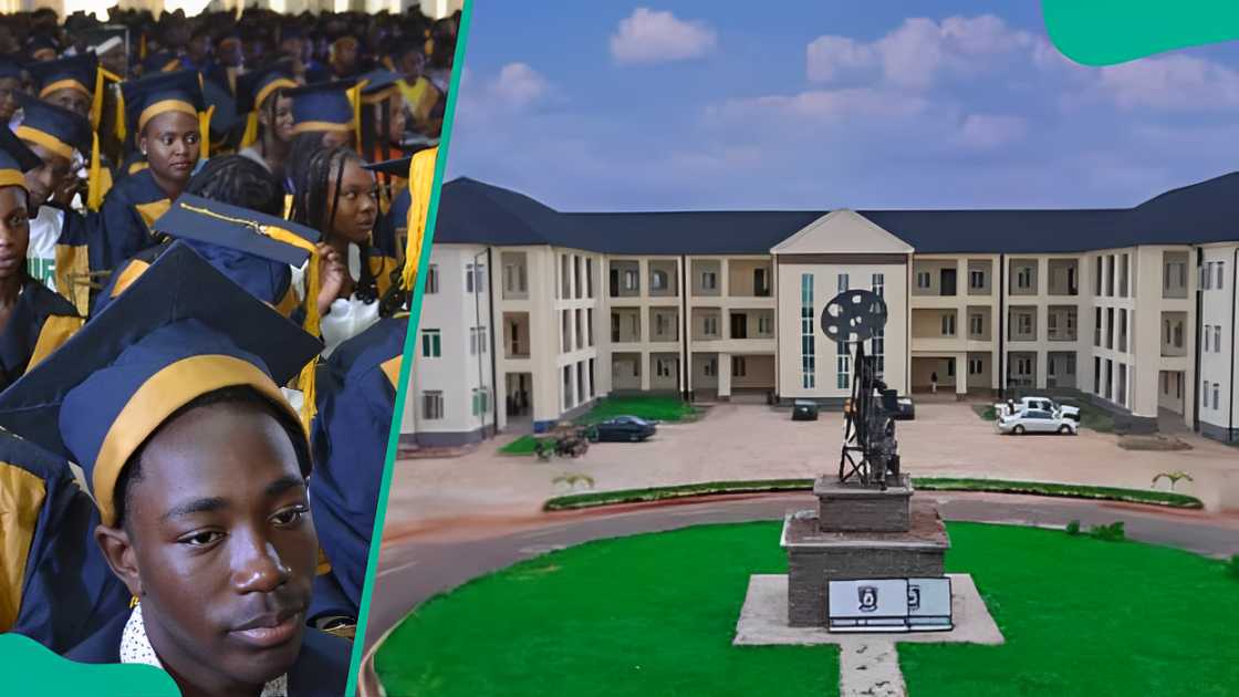 University of Delta students during a graduation ceremony (L). View of the University of Delta, Agbor building (R)