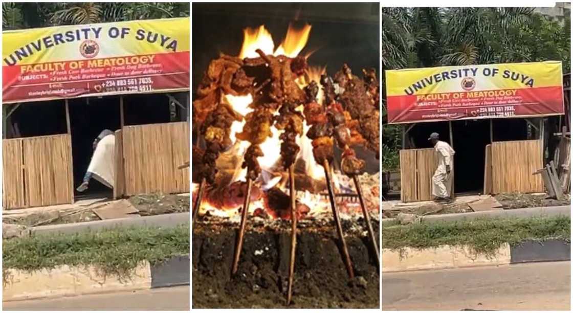 Photos of a Nigerian Suya shop named 'university of Suya'.