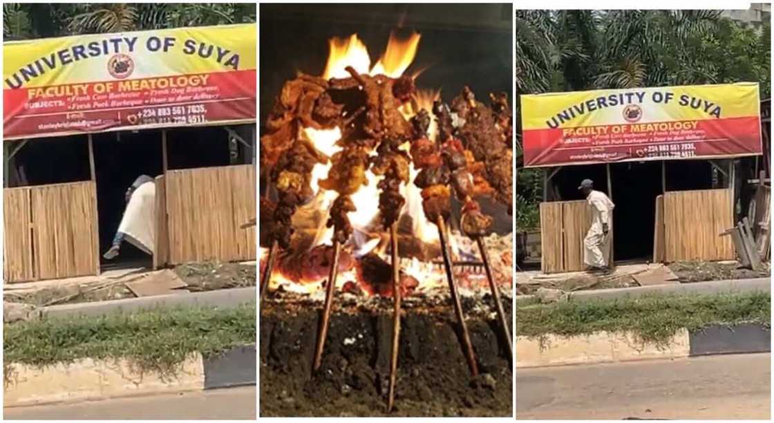 Photos of a Nigerian Suya shop named 'university of Suya'. Photos of a Nigerian Suya shop named 'university of Suya'.