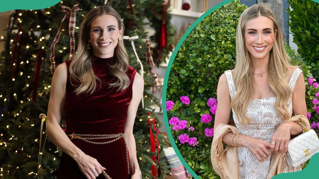 Kristen Saban standing in front of a decorated Christmas tree (L). Saban standing outdoors in front of a green bush with pink flowers (R)