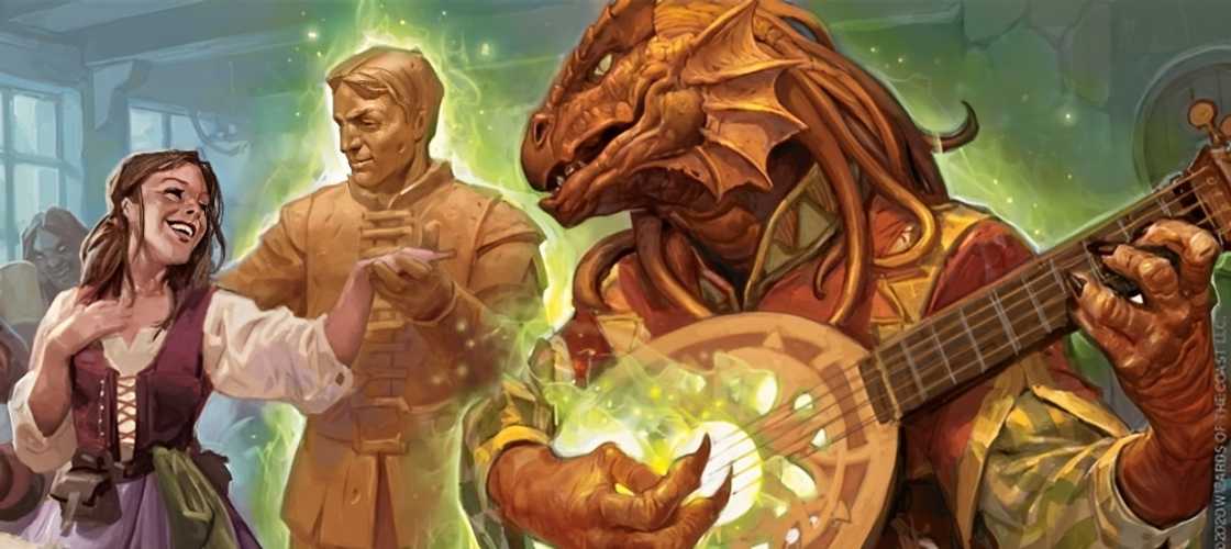 An illustration of a bard using the School of Enchantment to animate an object, bringing music and dance to an audience. An illustration of a bard using the School of Enchantment to animate an object, bringing music and dance to an audience.