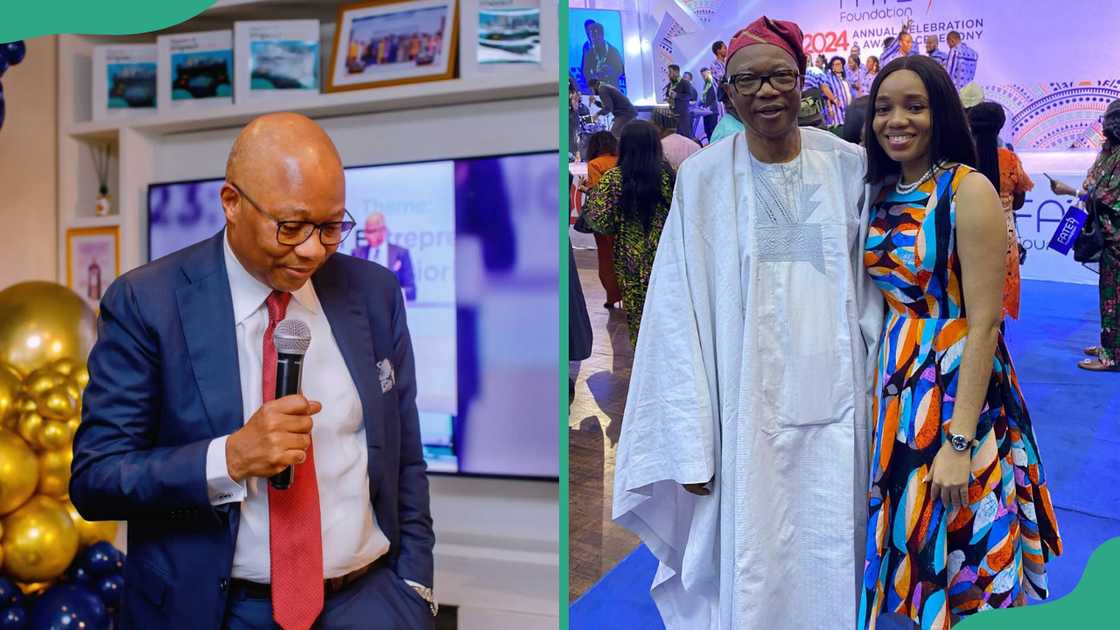 Fola Adeola gives a speech during his 70th birthday celebration (L). The GTBank co-founder and a lady pose for a picture during FATE foundation annual celebration (R) Fola Adeola gives a speech during his 70th birthday celebration (L). The GTBank co-founder and a lady pose for a picture during FATE foundation annual celebration (R)