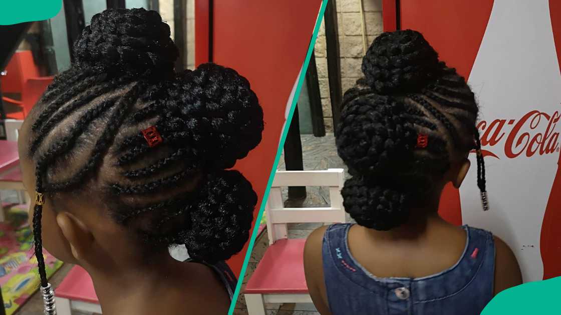 Cornrows in three middle buns with accessories Cornrows in three middle buns with accessories