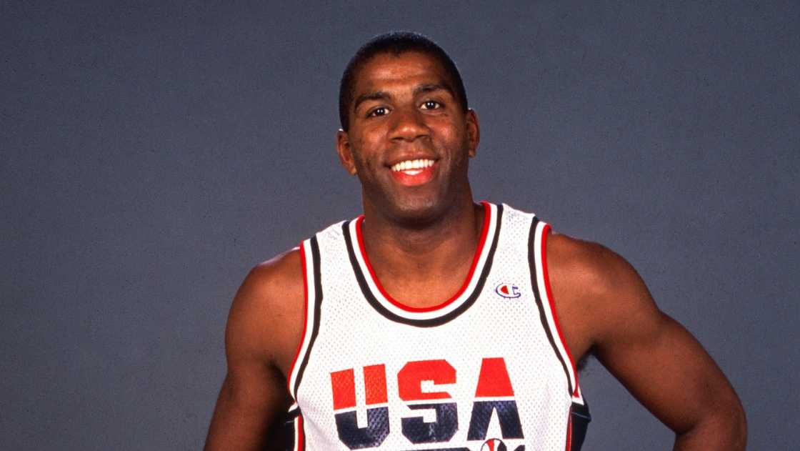 Magic Johnson poses standing, in the USA Senior Men's basketball team kit. Magic Johnson poses standing, in the USA Senior Men's basketball team kit.