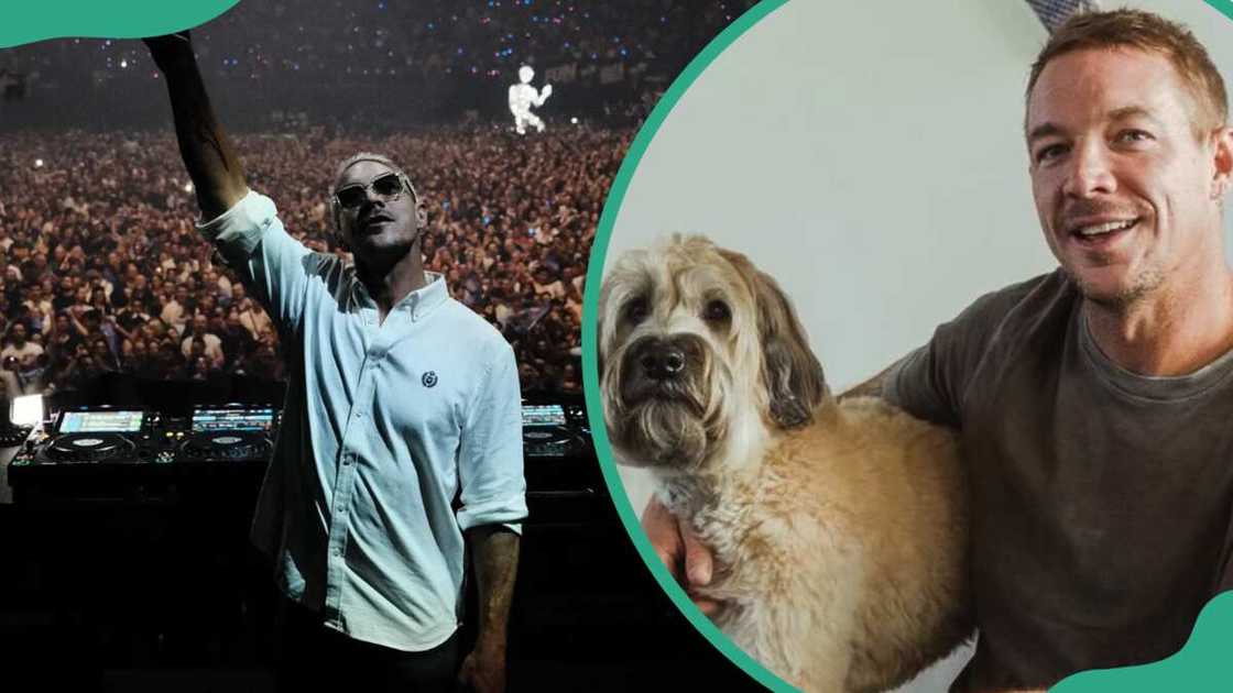 Diplo standing behind a DJ console (L). The music producer holding a dog (R)