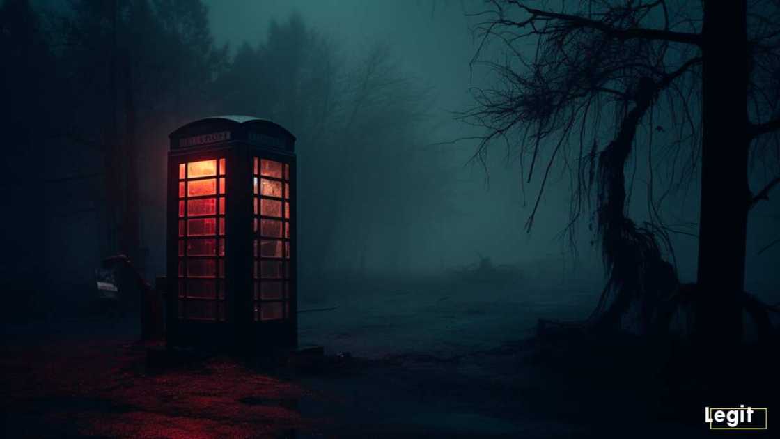 A phone booth at night image in the forest A phone booth at night image in the forest