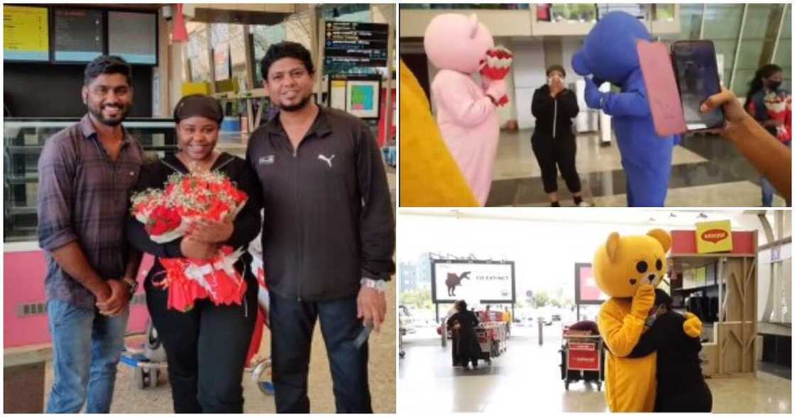 Enanga Valmi, India, 3 mascots, flowers, India meets Cameroon. Indian family welcomes African lady Enanga Valmi, India, 3 mascots, flowers, India meets Cameroon. Indian family welcomes African lady