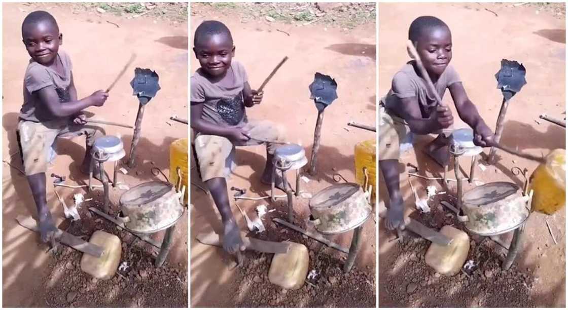 Photos of a little boy playing a drum he made from old plates.