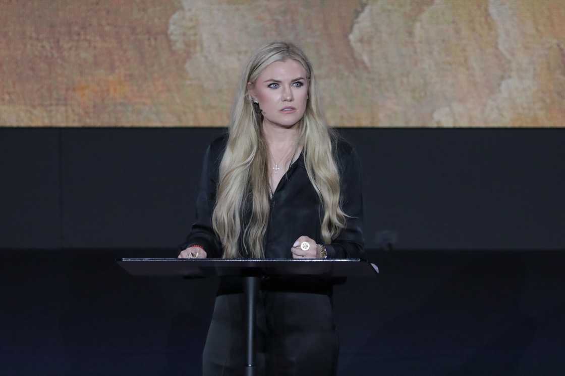 Erika Kirk, widow of Charlie Kirk, speaks to attendees at the 'Make Heaven Crowded Tour' in Riverside, California