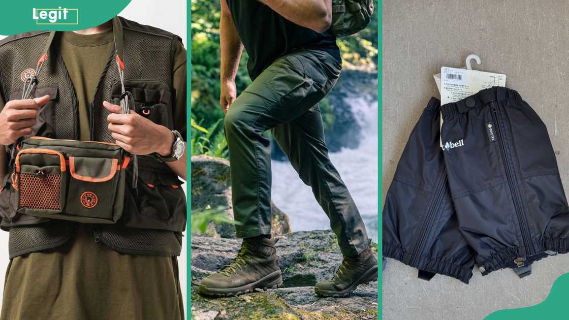 Gorpcore lower body: Mini shoulder style bag (L), hiking pants (C), Gaiters (R)