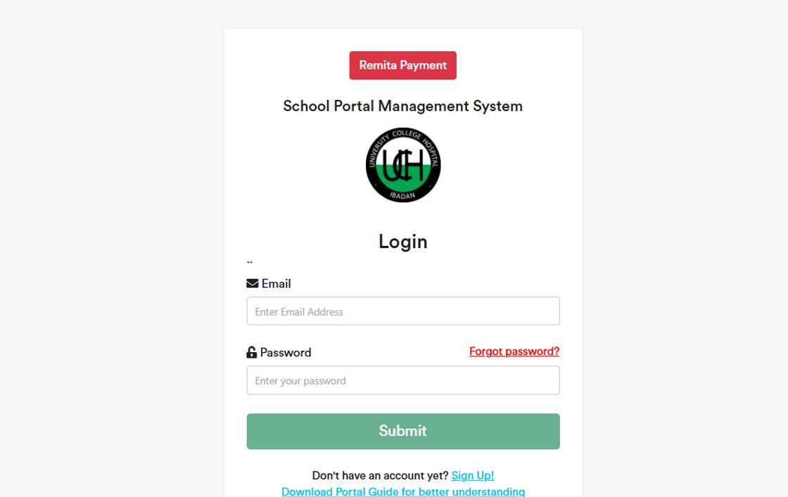 UCH School of Nursing registration portal login page.