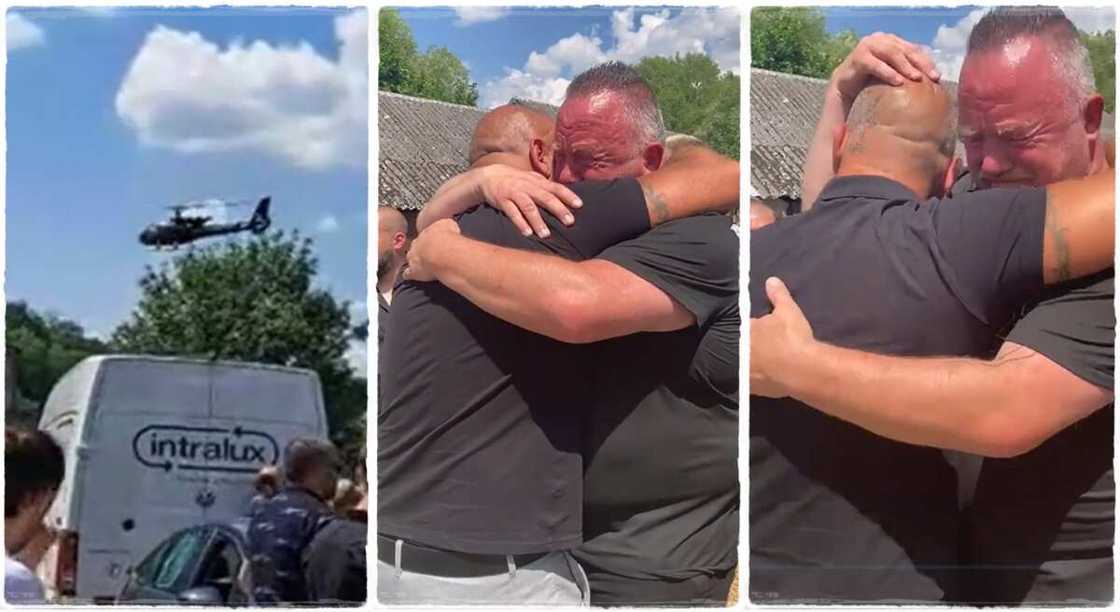 Photos of a man who arrived at his own burrial with a helicopter.