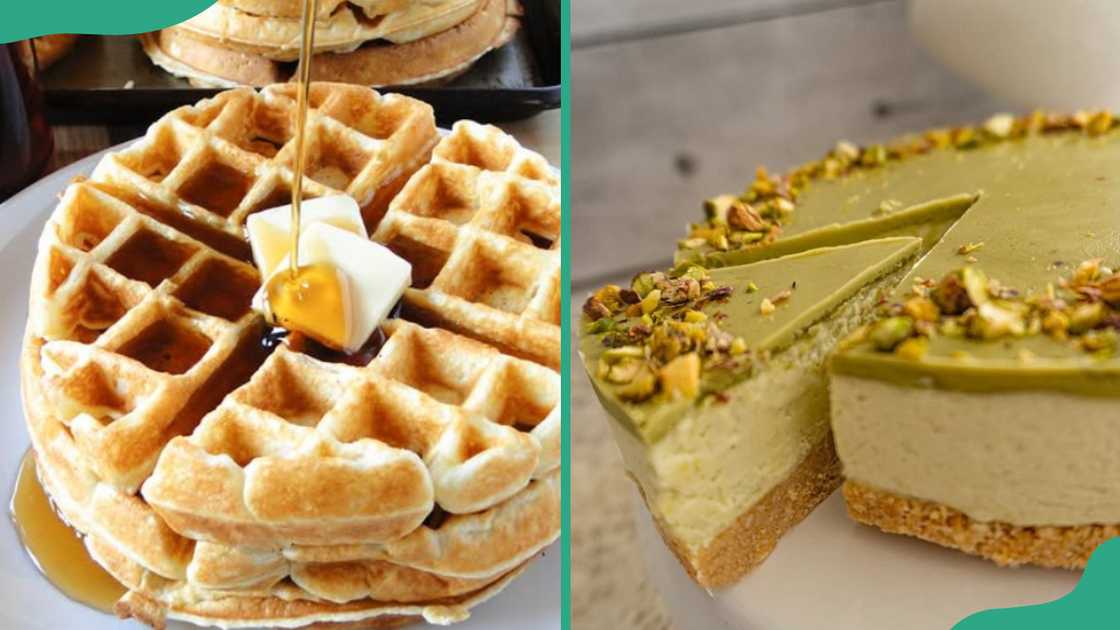 Waffles with syrup (L), and Cheese cake (R) Waffles with syrup (L), and Cheese cake (R)