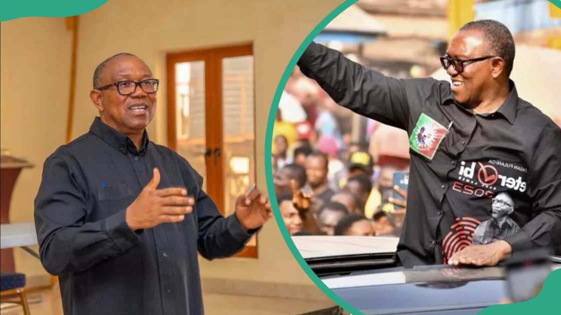 Peter Obi addressing people in a room (L). The politician in a black shirt addressing a gathering during a rally (R) Peter Obi addressing people in a room (L). The politician in a black shirt addressing a gathering during a rally (R)
