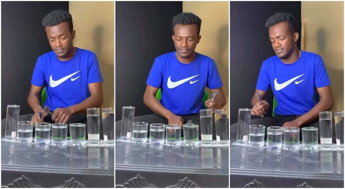 Photos of a man playing music with glass cups. Photos of a man playing music with glass cups.